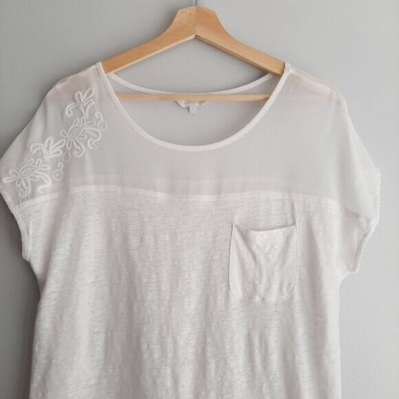 RW&CO Linen Top Semi-Sheer Floral Embroidered Yoke White Top Sz L - Picture 2 of 13